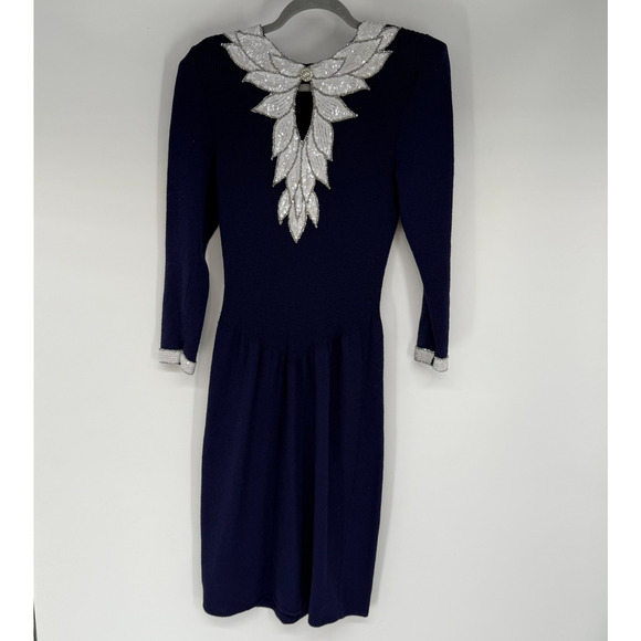 VTG Don Sayres for Wellmore Midi Dress Size 10 Blue Wool Blend Knit Sequin Party - Picture 1 of 8